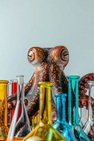 Octopus surrounded by colorful flasks and beakers on a white background, intense gaze, highcontrast lighting, whimsical conceptの素材