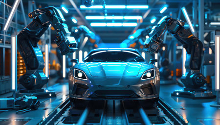 Futuristic factory assembling luxury cars, vibrant blue lighting, detailed robotic arms in motionの素材