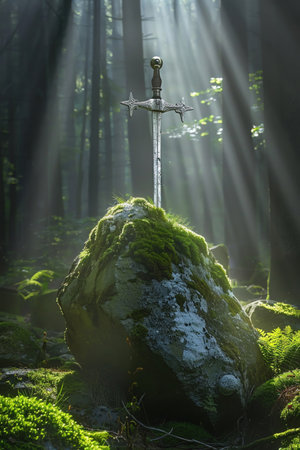 Sword stuck in a mosscovered stone in a misty forest clearing, beams of sunlight illuminating the legendary weaponの素材