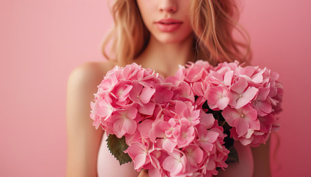 Woman holding a large bouquet of pink flowers, soft focus, pink wall background, gentle and romanticの素材