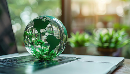 Glass globe with green continents on a laptop, symbolizing global connectivity and sustainabilityの素材