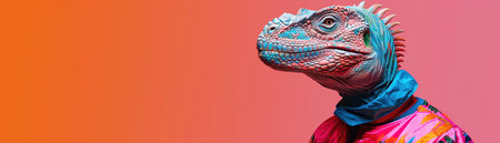 Dinosaur with a colorful jacket on a pink backgroundの素材
