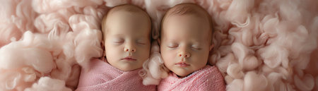 Twin babies nestled in fluffy pink clouds, serene expressions, soft focus, dreamlike quality, wide formatの素材