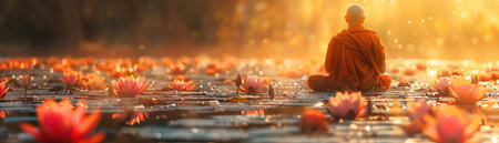 Monk meditating among lotus flowers in a tranquil pond, golden sunrise, soft focus on the serene surroundingsの素材