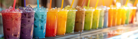 Colorful frozen drinks in a row, vibrant summer colors, bright sunlight making them sparkle, festive outdoor settingの素材