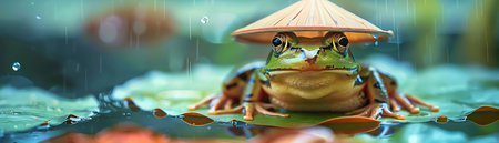 Frog wearing a traditional Asian hat, serene expression, sitting on a lotus leaf, calm pond backgroundの素材