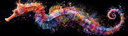 Vibrant, colorful seahorse on a black background, created with splashes of paint, appearing artistic and dynamicの素材