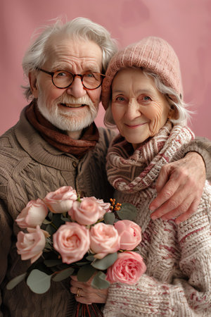 Joyful elderly couple holding roses, soft pink background, medium closeup, gentle natural lighting, smiling facesの素材