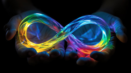 Hands holding a glowing rainbow infinity symbol, symbolizing love, pride, and endless possibilitiesの素材