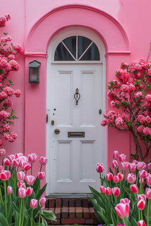 White door framed by pink tulips and flowers against a pastel pink wall, creating a charming, springlike sceneの素材