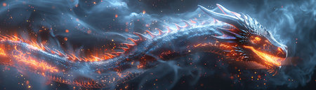 Firebreathing red dragon, night sky, closeup, glowing eyes, embers swirling around, moody lighting, high detailの素材