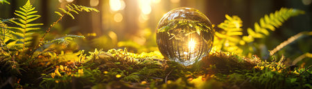 A Crystal Earth On moss In Forest With Ferns And Sunlightの素材