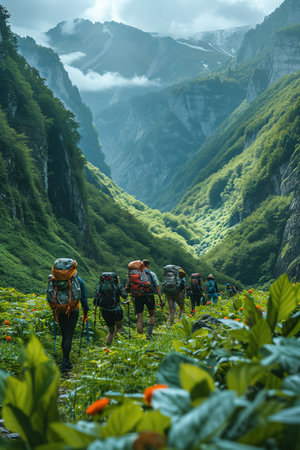 Group of hikers with backpacks walking through a mountain valley, scenic summer trek, focus on adventure and explorationの素材