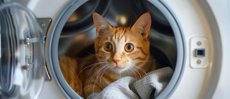 Wide-eyed orange cat inside a washing machine with the door open, looking surprised and playful amidst laundry, in a bright, tidy laundry room.の素材