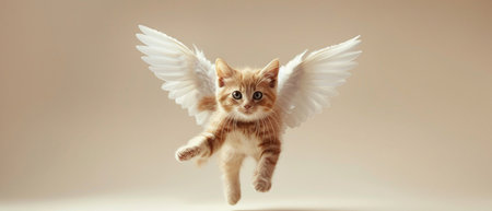 Playful kitten with angelic wings floating mid-air against a plain background, capturing an imaginative and surreal concept.の素材