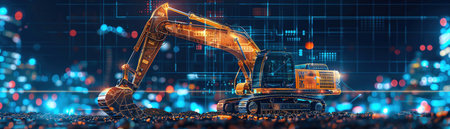 An excavator working at night, surrounded by a digital grid overlay, glowing lights, dynamic motion, wideangle shotの素材