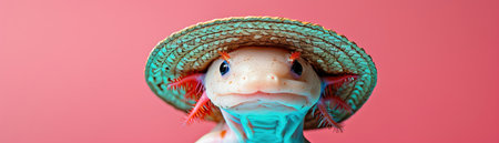 Axolotl wearing a sombrero on a pink and turquoise backgroundの素材