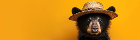 Bear cub wearing a sombrero hat against a bright yellow backgroundの素材