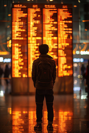 A traveler standing in front of an airport departure board, warm ambient lighting, wideangle shotの素材