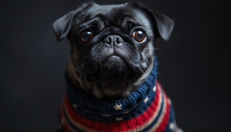 A pug wearing a patriotic sweater with stars and stripes, dark background, soft studio light, closeupの素材