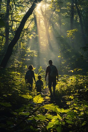 Family hiking in lush green forest, sunlight streaming through trees, adventure and bonding in natureの素材