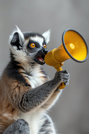 Excited lemur holding a bright yellow megaphone, soft gradient grey background, engaging eye contactの素材
