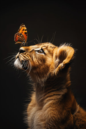 Lion cub with a butterfly perched on its nose against a black backgroundの素材