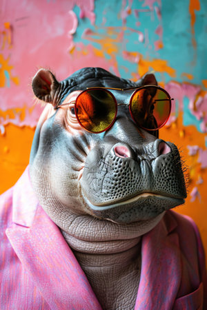 Hippo in a pink suit and sunglasses vibrant background quirky and humorous closeupの素材