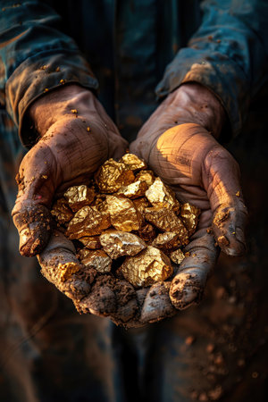 Dirty hands holding chunks of gold, rough texture, dramatic light, closeup shotの素材