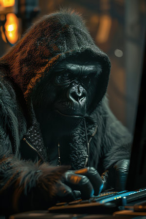 Hooded gorilla deeply focused, typing on a computer in a dimly lit, mysterious officeの素材