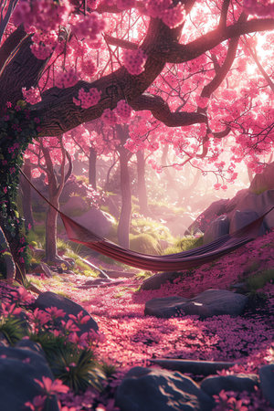 Hammock under cherry blossoms, soft sunlight, dreamy setting, vibrant pink flowersの素材