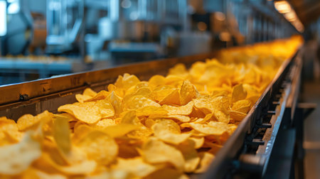 Potato chips flowing from a machine on a conveyor belt in a factoryの素材