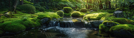 Serene Japanese garden with moss rocks, small stream, soft lightの素材