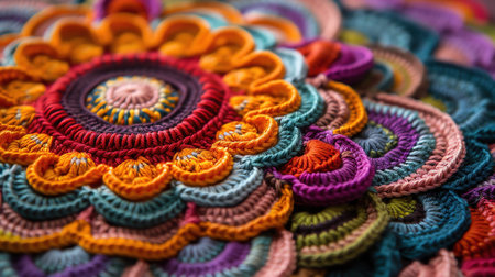 Detailed crocheted mandala, vibrant colors, intricate patterns, soft natural light, closeupの素材