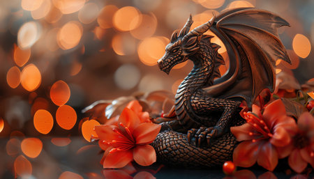 Bronze dragon statue on reflective surface, red flowers, warm bokeh lights, soft lighting, closeupの素材
