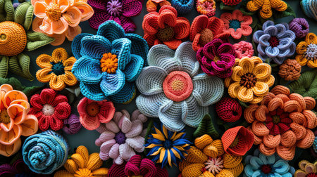 Vibrant crocheted flowers in various colors, detailed textures, bright even lighting, overhead shotの素材