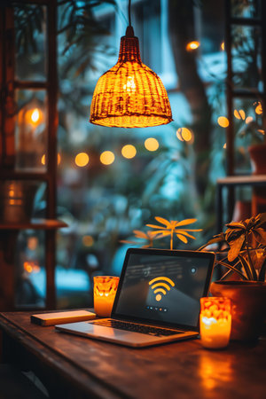 Laptop and smartphone with glowing WiFi icons, cozy indoor setting, warm lightingの素材