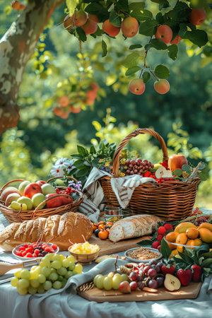 Picnic spread with fruits, bread, and basket, sunny orchardの素材