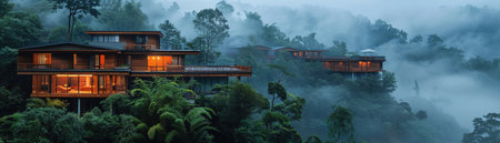 Multitiered wooden houses perched on rugged mountainside, integrating nature with modern living, early morning fogの素材