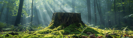 Tree stump in forest, sun rays through trees, lush green moss, morning light, serene atmosphereの素材