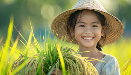 A smiling child wearing a hat and holding a bunch of rice plants in a sunny, lush green fieldの素材