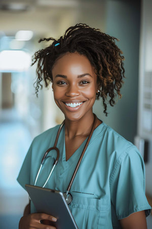 A smiling female nurse with a digital tablet stands confidently in a hospital, representing healthcare professionalismの素材