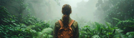 Back view of a woman hiking alone in a dense and misty rainforestの素材
