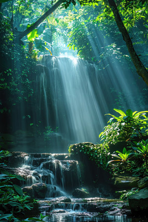 Enchanted waterfall in a dense jungle, rays of sunlight streaming through, mystical atmosphereの素材