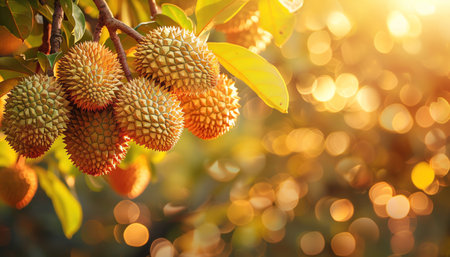 Cluster of durian fruits hanging on a tree, golden sunset, vibrant bokeh backgroundの素材