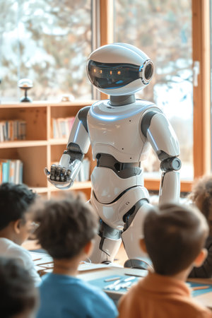 A futuristic robot stands as an educator in front of young students in a classroom setting, teaching themの素材