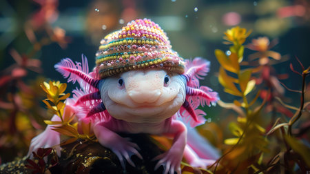 Axolotl wearing a colorful hat, vibrant and whimsical underwater sceneの素材
