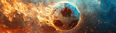 Soccer ball with flames, speeding through the air, dynamic and intenseの素材