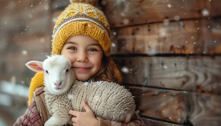 Smiling child hugging a lamb, cozy winter clothes, rustic wooden backdropの素材