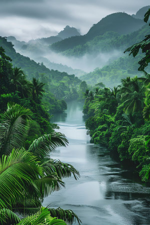 Lush green river through dense rainforest, serene atmosphere, overcast skyの素材